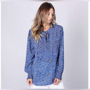 GUILLAUME Smocked Floral print Blouse  long sleeves high neckline with tie  Sz L
